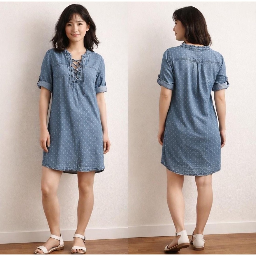 Philosophy Lace Up Tencel Dress M Raindrop Print Shift Short Sleeve Pocket